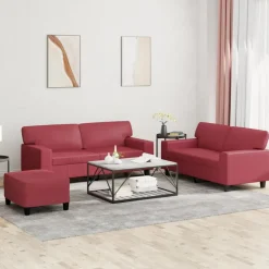 vidaXL Soffgrupp 3 delar vinröd konstläder