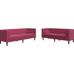 vidaXL Soffgrupp chesterfield 2 delar bolsterkuddar vinröd sammet