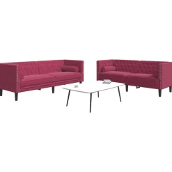 vidaXL Soffgrupp chesterfield 2 delar bolsterkuddar vinröd sammet