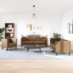 Best vidaXL Soffgrupp chesterfield 3 delar bolsterkuddar konstmocka Brun