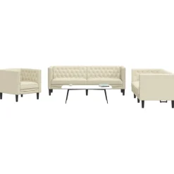 Clearance vidaXL Soffgrupp chesterfield 3 delar gräddvit konstläder Kräm