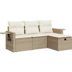 Hot vidaXL Soffgrupp för trädgård med dynor 4 delar beige konstrotting beige och gräddvit