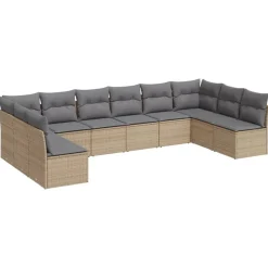 vidaXL Soffgrupp för trädgård med dynor 10 delar beige konstrotting