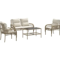vidaXL Soffgrupp för trädgård med dynor 4 delar beige konstrotting