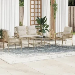vidaXL Soffgrupp för trädgård med dynor 4 delar beige konstrotting