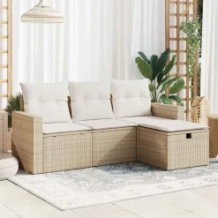 vidaXL Soffgrupp för trädgård med dynor 4 delar beige konstrotting