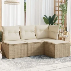 Best vidaXL Soffgrupp för trädgård med dynor 4 delar beige konstrotting beige och gräddvit