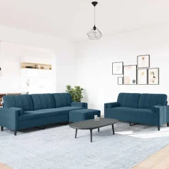 Hot vidaXL Soffgrupp med dynor och bolster 3 delar sammet Blå