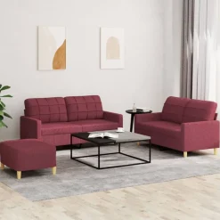 vidaXL Soffgrupp med dynor 3 delar Vinröd tyg