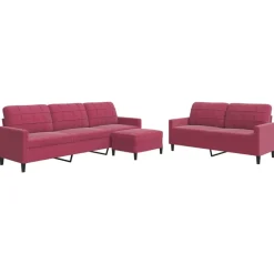 Best vidaXL Soffgrupp med dynor 3 delar sammet Vinröd