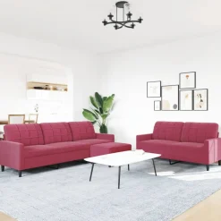Best vidaXL Soffgrupp med dynor 3 delar sammet Vinröd