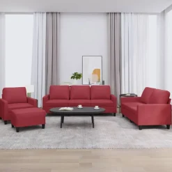 Best vidaXL Soffgrupp med dynor 4 delar konstläder Vinröd