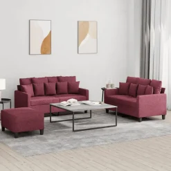 New vidaXL Soffgrupp med dynor 3 delar tyg Vinröd