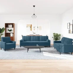 vidaXL Soffgrupp med dynor och bolster 3 delar blå sammet