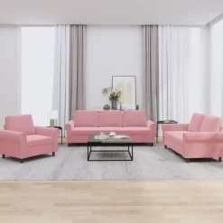 vidaXL Soffgrupp med dynor 3 delar rosa sammet
