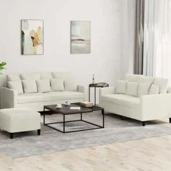 Discount vidaXL Soffgrupp med dynor 3 delar gräddvit sammet Kräm