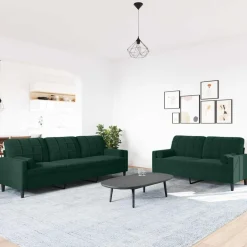vidaXL Soffgrupp med dynor och bolster 2 delar mörkgrön sammet