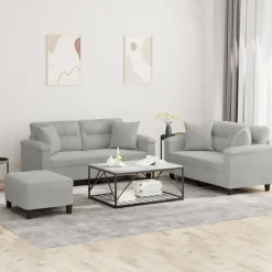 vidaXL Soffgrupp med kuddar 3 delar Ljusgrå mikrofibertyg