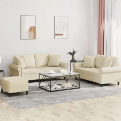 Outlet vidaXL Soffgrupp med kuddar 3 delar gräddvit konstläder Kräm
