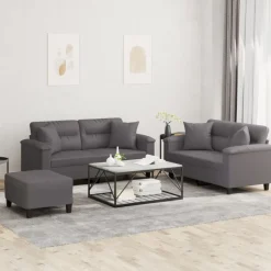 vidaXL Soffgrupp med kuddar 3 delar konstläder Grå