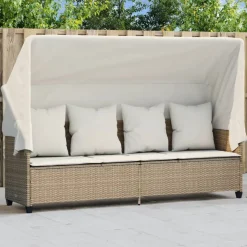 vidaXL Solsäng med tak och dynor beige konstrotting