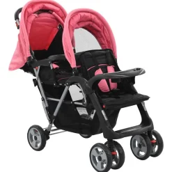 Clearance vidaXL Syskonvagn och svart stål Rosa