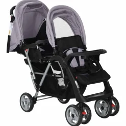 New vidaXL Syskonvagn stål och svart Grå