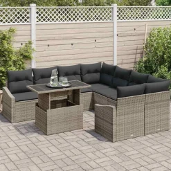 vidaXL Trädgårdsoffset med kudde 9 pcs Grå konstrotting