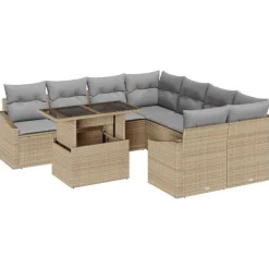 vidaXL Trädgårdsoffset med kudde 9 pcs Beige och Ljusgrå konstrotting