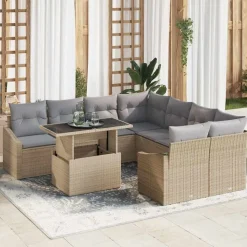 vidaXL Trädgårdsoffset med kudde 9 pcs Beige och Ljusgrå konstrotting