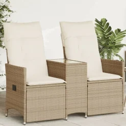 vidaXL Trädgårdssoffa fällbar 2-sits med bord beige konstrotting
