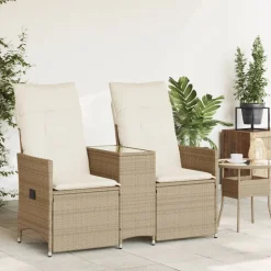 vidaXL Trädgårdssoffa fällbar 2-sits med bord beige konstrotting