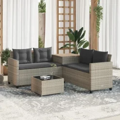 Outlet vidaXL Trädgårdssoffa med bord och dynor L-formad konstrotting Ljusgrå
