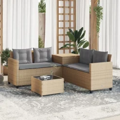 vidaXL Trädgårdssoffa med bord och dynor L-formad beige konstrotting