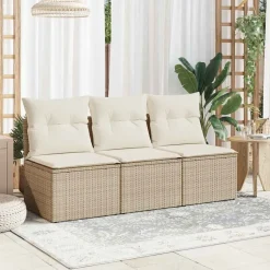 vidaXL Trädgårdssoffa 3-sits med dynor konstrotting beige