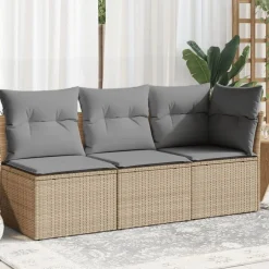 Outlet vidaXL Trädgårdssoffa 3-sits med dynor konstrotting beige beige och grå