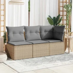 Outlet vidaXL Trädgårdssoffa 3-sits med dynor konstrotting beige beige och grå