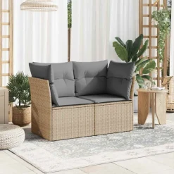 vidaXL Trädgårdssoffa 2-sits med dynor konstrotting beige