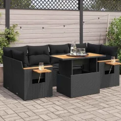 Discount vidaXL Trädgårdssoffset med dynor 7 delar konstrotting akaciaträ Svart