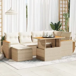 Clearance vidaXL Trädgårdssoffset med dynor 7 delar beige konstrotting akaciaträ beige och gräddvit