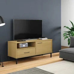 vidaXL Tv-bänk med metallben OSLO brun massiv furu
