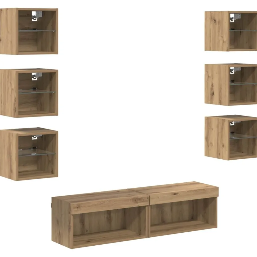 vidaXL TV-skåp med LED -remsljus med låda 8 pcs Artisan Ek Glas