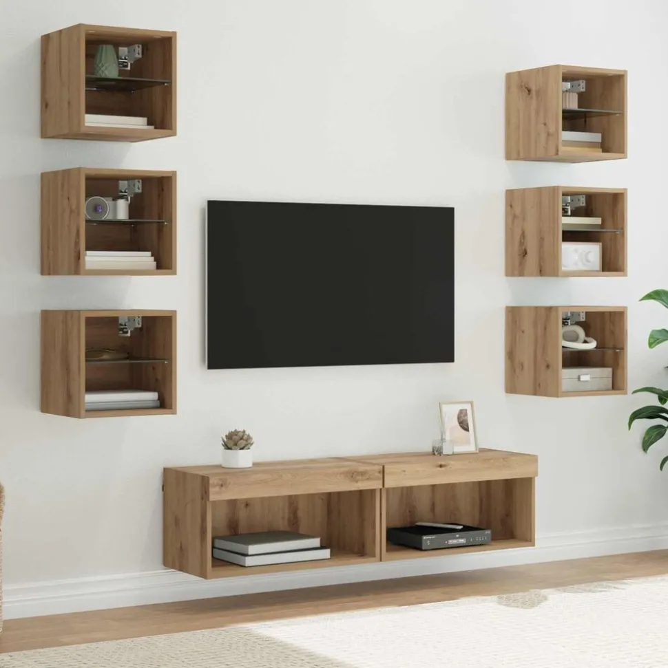 vidaXL TV-skåp med LED -remsljus med låda 8 pcs Artisan Ek Glas