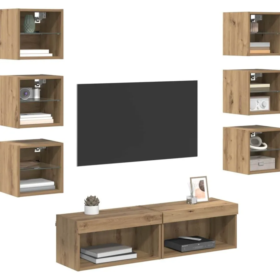 vidaXL TV-skåp med LED -remsljus med låda 8 pcs Artisan Ek Glas