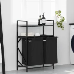 Outlet vidaXL Tvättkorg 2 fack med hyllor Svart ek