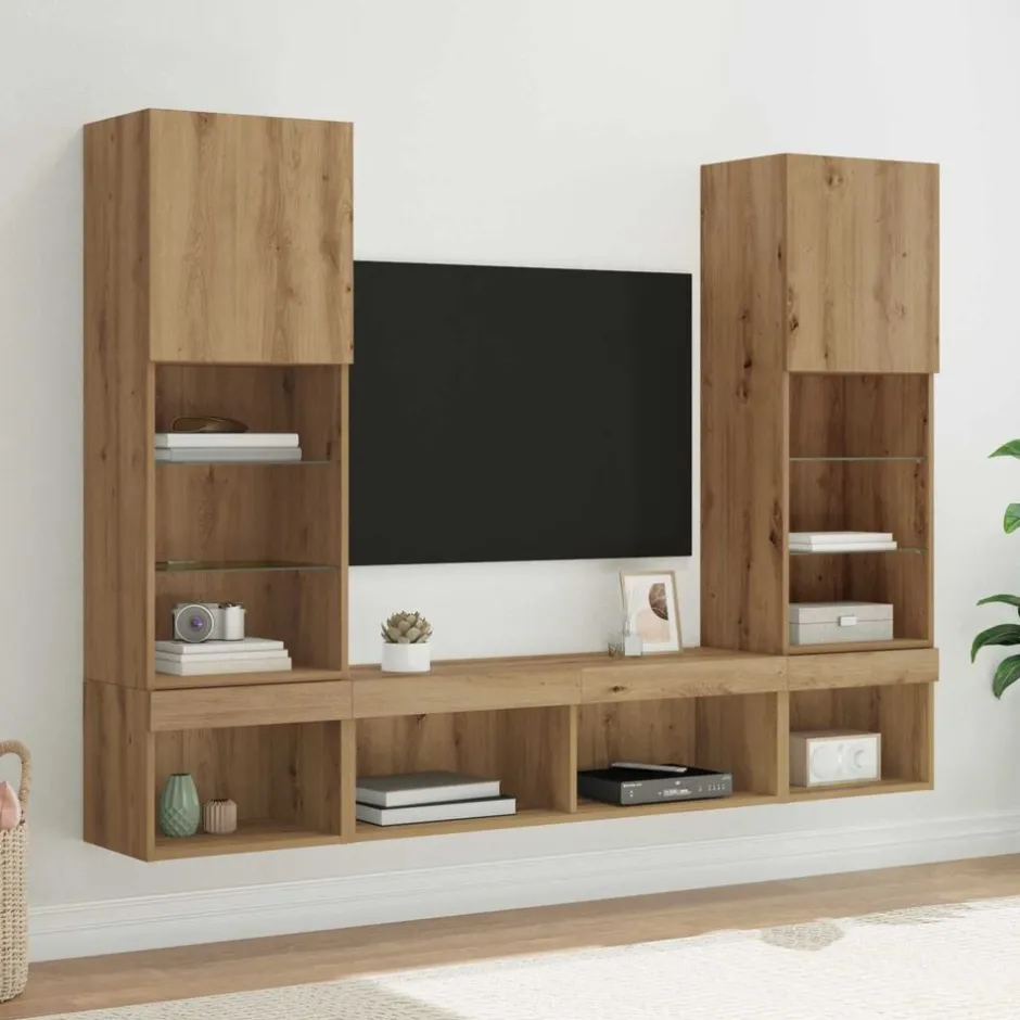 vidaXL TV-väggenheter med LED med led 5 pcs Konstruerat trä artisan ek