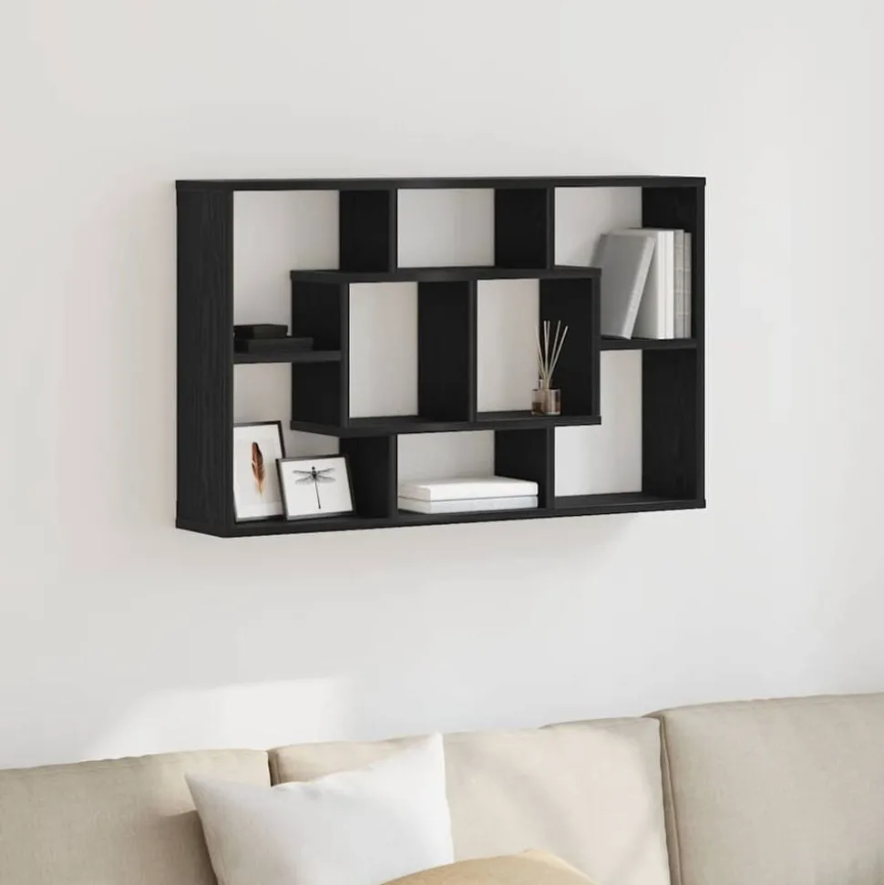 vidaXL Vägg hylla med hylla Svart Ek 85 x 16 x 52,5 cm Konstruerat trä