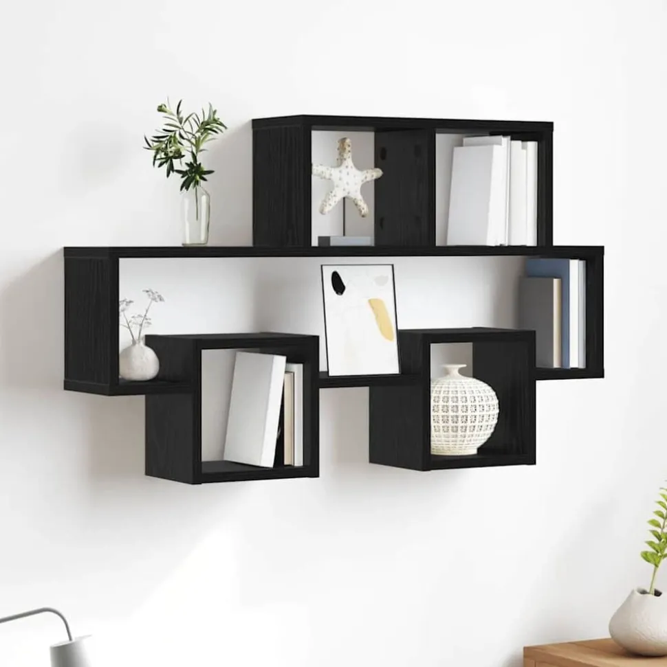 vidaXL Vägg hylla med hylla Svart ek 82 x 15 x 51 cm Konstruerat trä