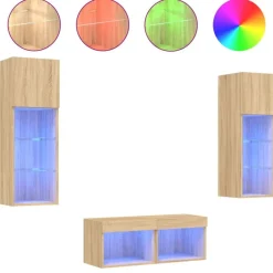 Discount vidaXL Väggmonterade TV-skåp 4 delar med LEDs sonoma-ek Sonoma ek