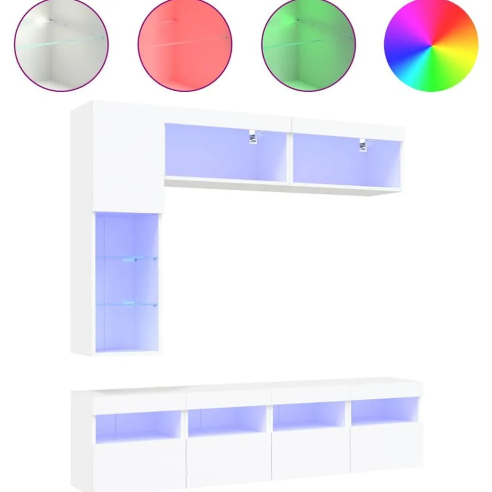 vidaXL Väggmonterade tv-skåp 7 delar med LEDs vit